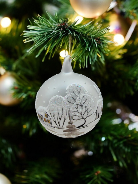 Frosted Blown Glass Large Ball Ornament - Handcrafted - White Church