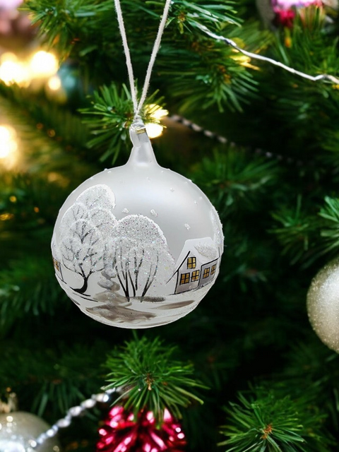 Frosted Blown Glass Large Ball Ornament - Handcrafted - White Church