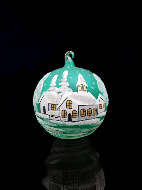 Green Blown Glass Large Ball Ornament - Hand Made - White Church Design