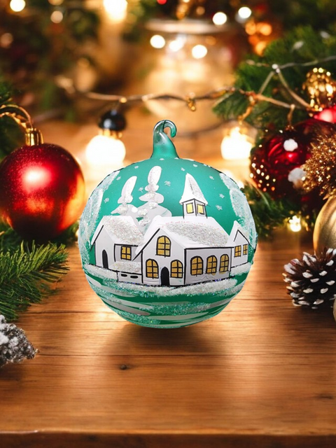 Green Blown Glass Large Ball Ornament - Hand Made - White Church Design