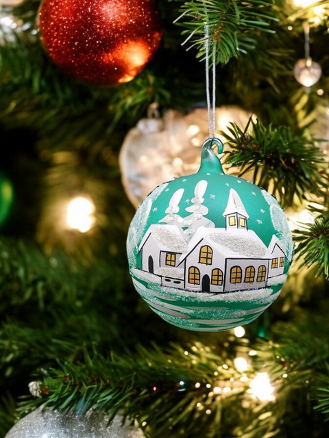 Green Blown Glass Large Ball Ornament - Hand Made - White Church Design