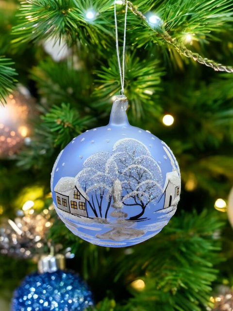 Light Blue Blown Glass Large Ball Ornament - Handcrafted - White Church