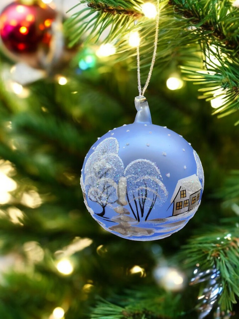 Light Blue Blown Glass Large Ball Ornament - Handcrafted - White Church