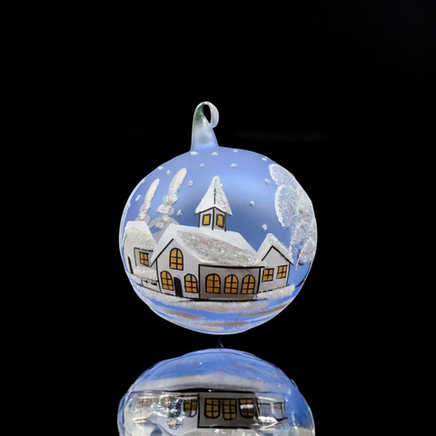 Light Blue Blown Glass Large Ball Ornament - Handcrafted - White Church