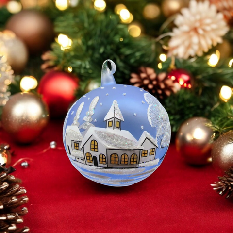 Light Blue Blown Glass Large Ball Ornament - Handcrafted - White Church