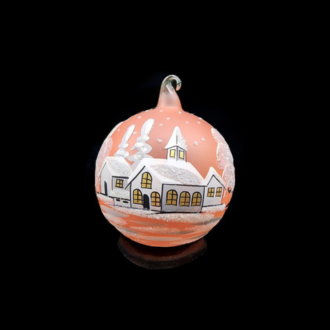 Orange Blown Glass Large Ball Ornament - Handcrafted - White Church