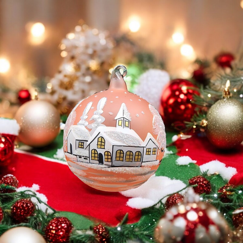 Orange Blown Glass Large Ball Ornament - Handcrafted - White Church