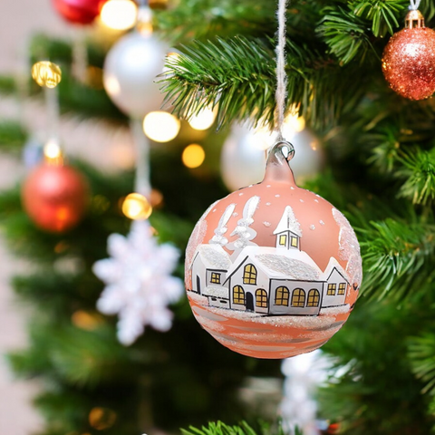 Orange Blown Glass Large Ball Ornament - Handcrafted - White Church