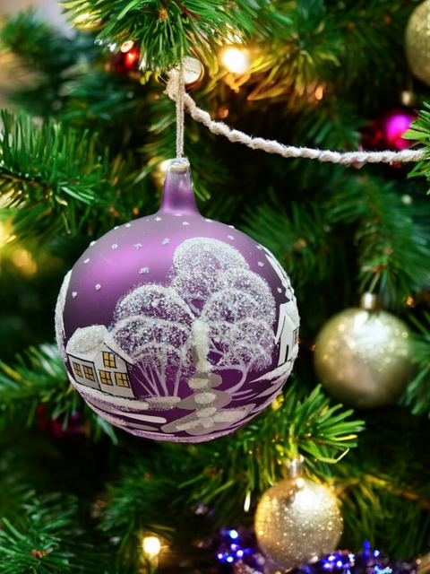 Purple Blown Glass Large Ball Ornament - Handcrafted - White Church