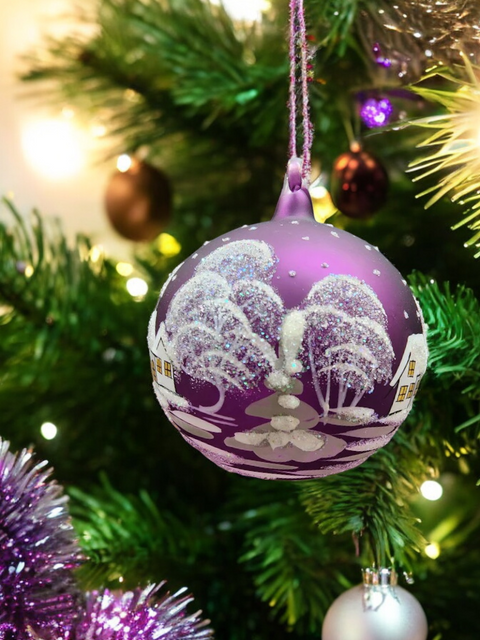 Purple Blown Glass Large Ball Ornament - Handcrafted - White Church