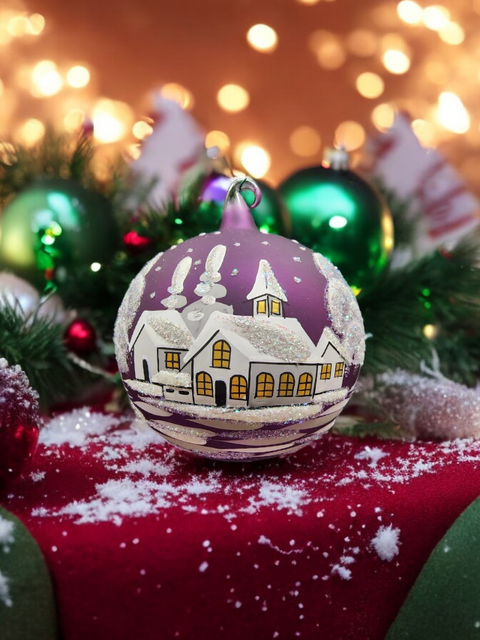 Purple Blown Glass Large Ball Ornament - Handcrafted - White Church