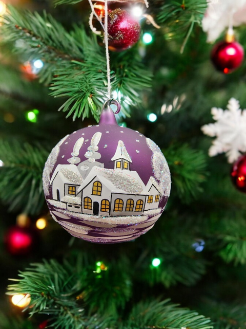 Purple Blown Glass Large Ball Ornament - Handcrafted - White Church