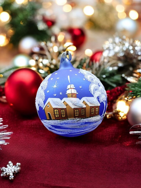 Blue Blown Glass Large Ball Ornament - Handcrafted - Brown Cathedral