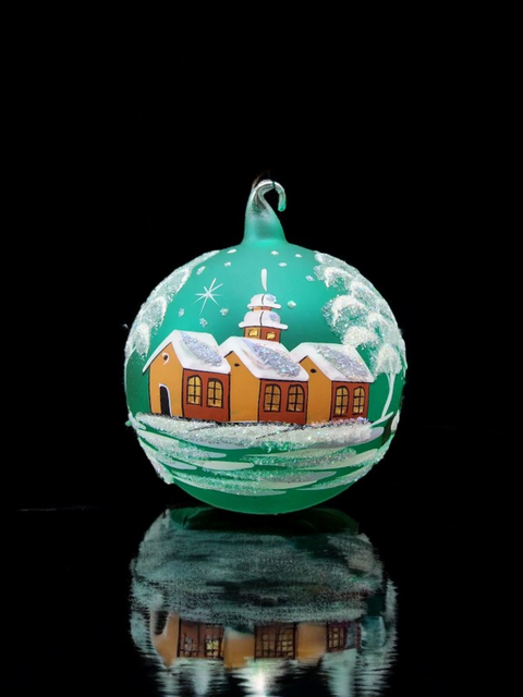 Green Blown Glass Large Ball Ornament - Handcrafted - Brown Cathedral