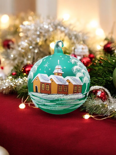 Green Blown Glass Large Ball Ornament - Handcrafted - Brown Cathedral