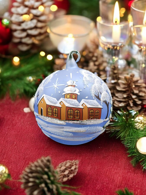 Light Blue Blown Glass Large Ball Ornament - Handcrafted - Brown Cathedral Design