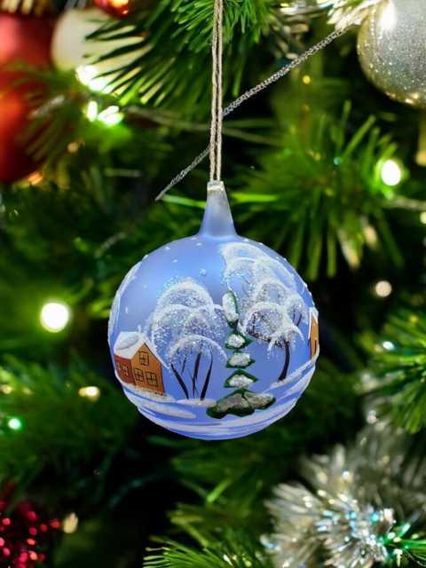 Light Blue Blown Glass Large Ball Ornament - Handcrafted - Brown Cathedral Design