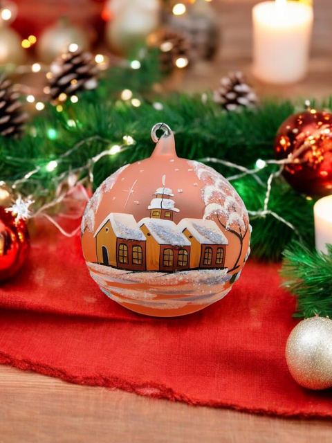 Orange Blown Glass Large Ball Ornament - Handcrafted - Brown Cathedral