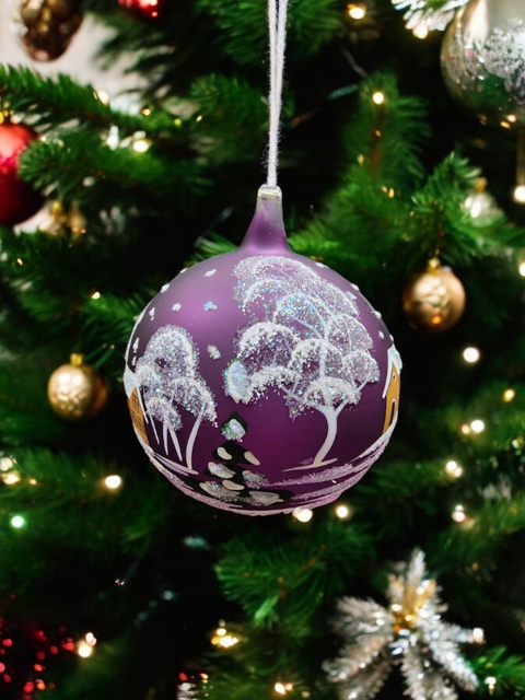 Purple Blown Glass Large Ball Ornament - Handcrafted - Brown Cathedral Design