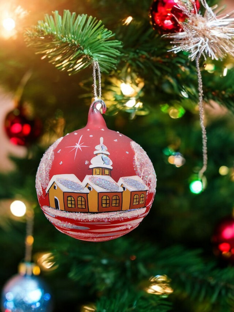 Red Blown Glass Large Ball Ornament - Handcrafted - Brown Cathedral