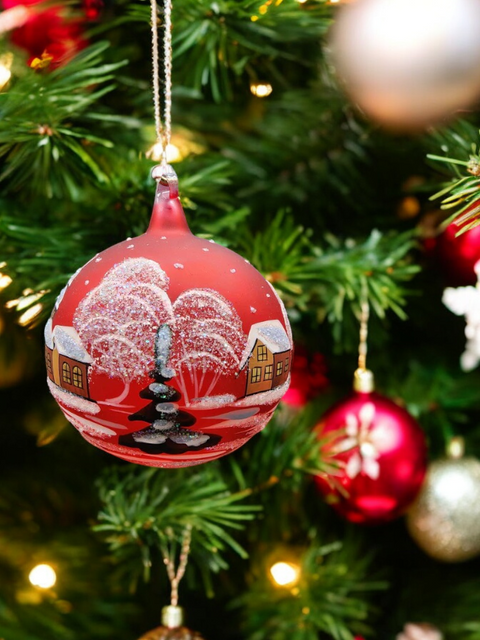 Red Blown Glass Large Ball Ornament - Handcrafted - Brown Cathedral