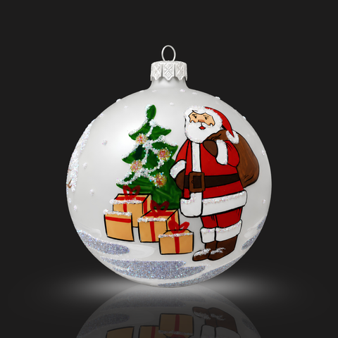 Frosted Blown Glass Large Ball Ornament - Handcrafted - Santa With Presents