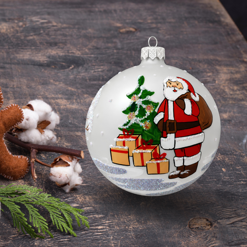 Frosted Blown Glass Large Ball Ornament - Handcrafted - Santa With Presents