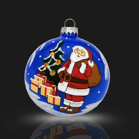 Light Blue Blown Glass Large Ball Ornament - Handcrafted - Santa With Presents