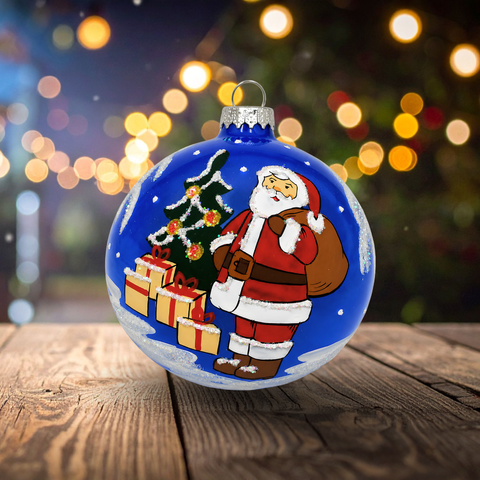 Light Blue Blown Glass Large Ball Ornament - Handcrafted - Santa With Presents