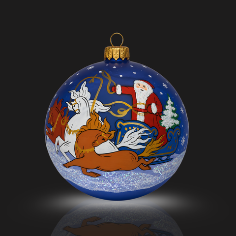 Blue Blown Glass Large Ball Ornament - Handcrafted - Santa With Horses