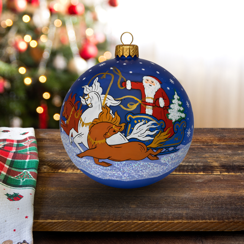Blue Blown Glass Large Ball Ornament - Handcrafted - Santa With Horses