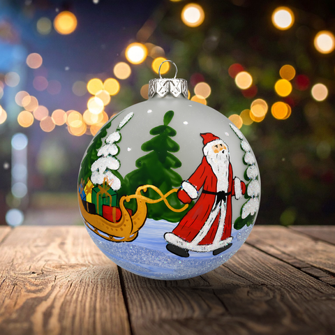 Frosted Blown Glass Large Ball Ornament - Handcrafted - Santa With Sleigh