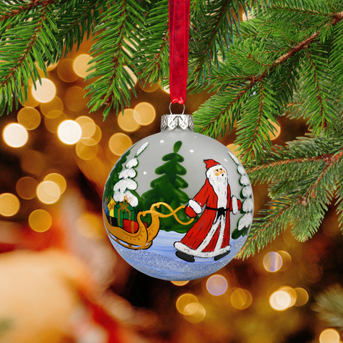 Frosted Blown Glass Large Ball Ornament - Handcrafted - Santa With Sleigh