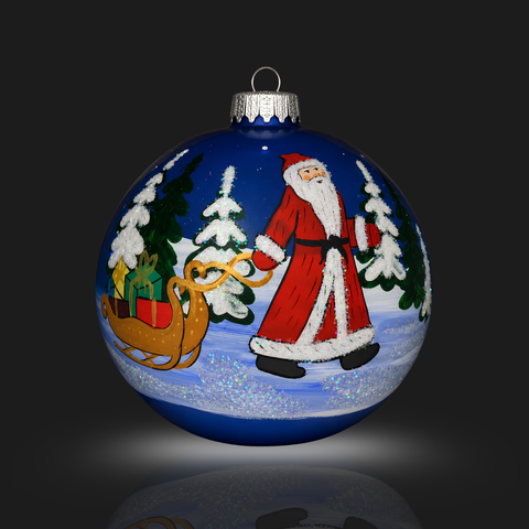 Light Blue Blown Glass Large Ball Ornament - Handcrafted - Santa With Sleigh