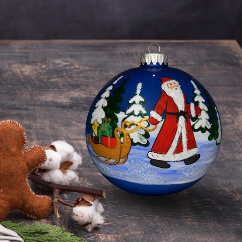 Light Blue Blown Glass Large Ball Ornament - Handcrafted - Santa With Sleigh
