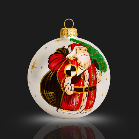 Frosted Blown Glass Large Ball Ornament - Handcrafted - Merry Christmas Santa Design