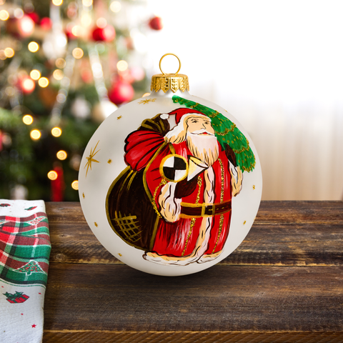 Frosted Blown Glass Large Ball Ornament - Handcrafted - Merry Christmas Santa Design