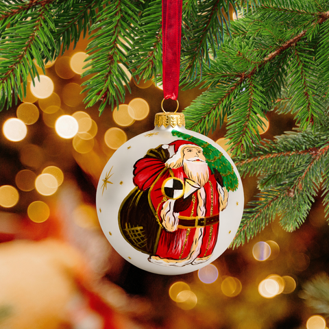 Frosted Blown Glass Large Ball Ornament - Handcrafted - Merry Christmas Santa Design