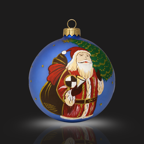 Light Blue Blown Glass Large Ball Ornament - Handcrafted - Merry Christmas Santa Design