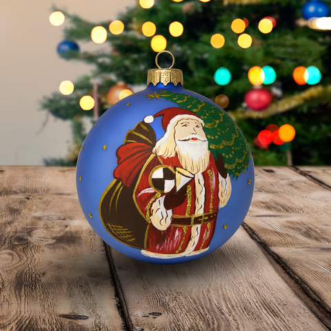 Light Blue Blown Glass Large Ball Ornament - Handcrafted - Merry Christmas Santa Design