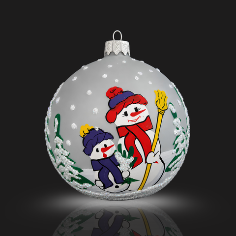 Frosted Blown Glass Large Ball Ornament - Handcrafted - Snowman Design