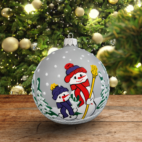 Frosted Blown Glass Large Ball Ornament - Handcrafted - Snowman Design