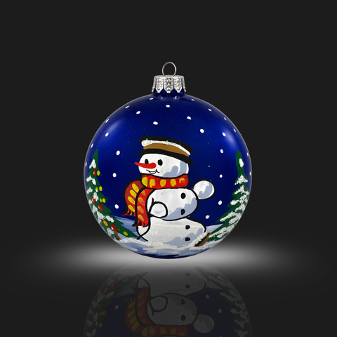 Blue Blown Glass Large Ball Ornament - Handcrafted - Snowman In Red Scarf Design