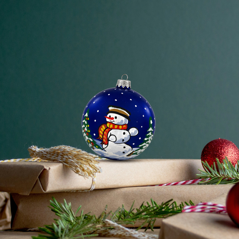 Blue Blown Glass Large Ball Ornament - Handcrafted - Snowman In Red Scarf Design