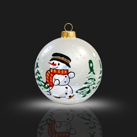Frosted Blown Glass Large Ball Ornament - Handcrafted - Snowman In Red Scarf Design