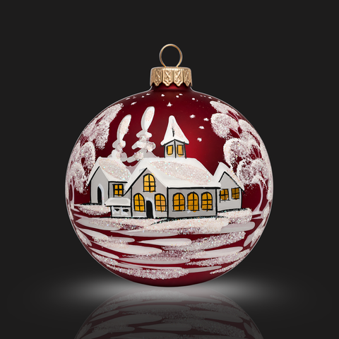 Red Blown Glass Jumbo Ball Ornament - White Church Design