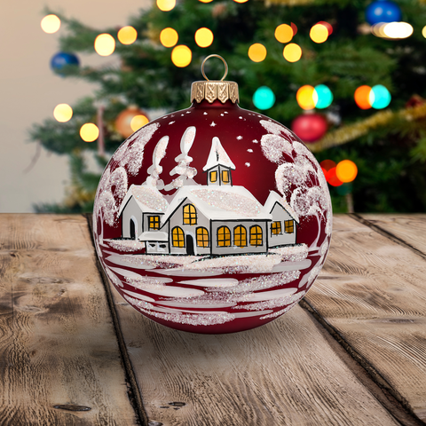 Red Blown Glass Extra Large Ball Ornament - Handcrafted - White Church
