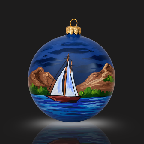 Blue Blown Glass Extra Large Ball Ornament - Handcrafted - Lighthouse and Sailboat Design