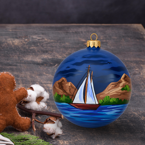 Blue Blown Glass Extra Large Ball Ornament - Handcrafted - Lighthouse and Sailboat Design