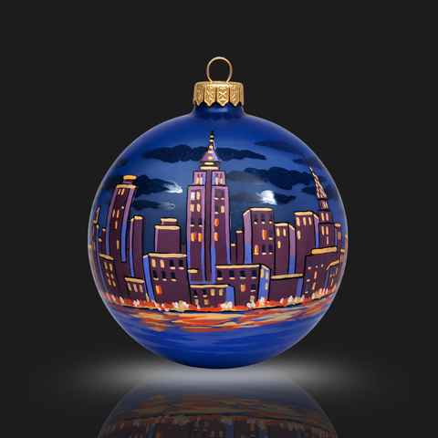 Blue Blown Glass Extra Large Ball Ornament - Handcrafted - New York Skyline Design